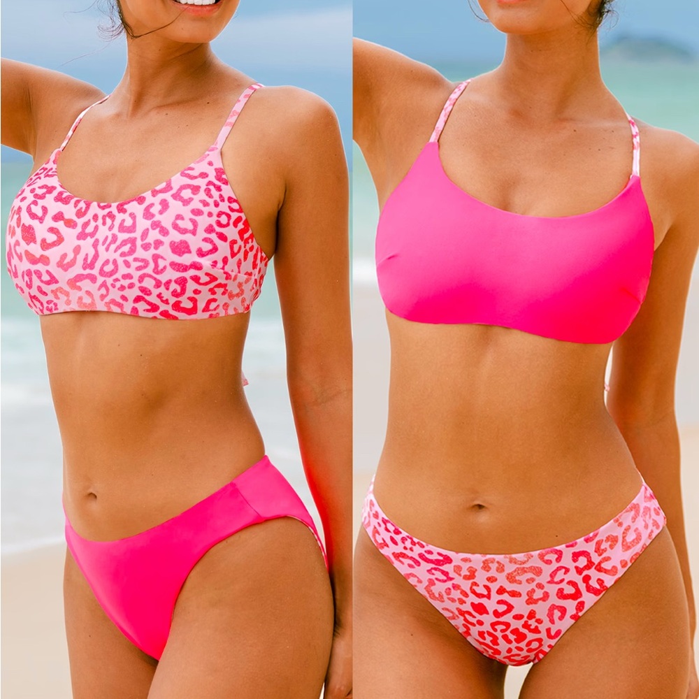Cupshe, Reversible Pink Leopard Bikini Bralette & Bottoms Set